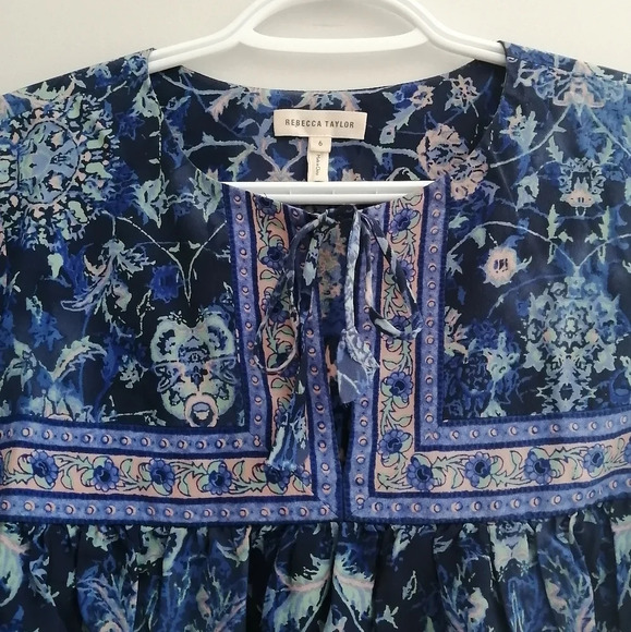 Rebecca Taylor Silk Dreamweaver Paisley Bohemian Peasant Blouse Indigo Size 6 - Picture 6 of 16
